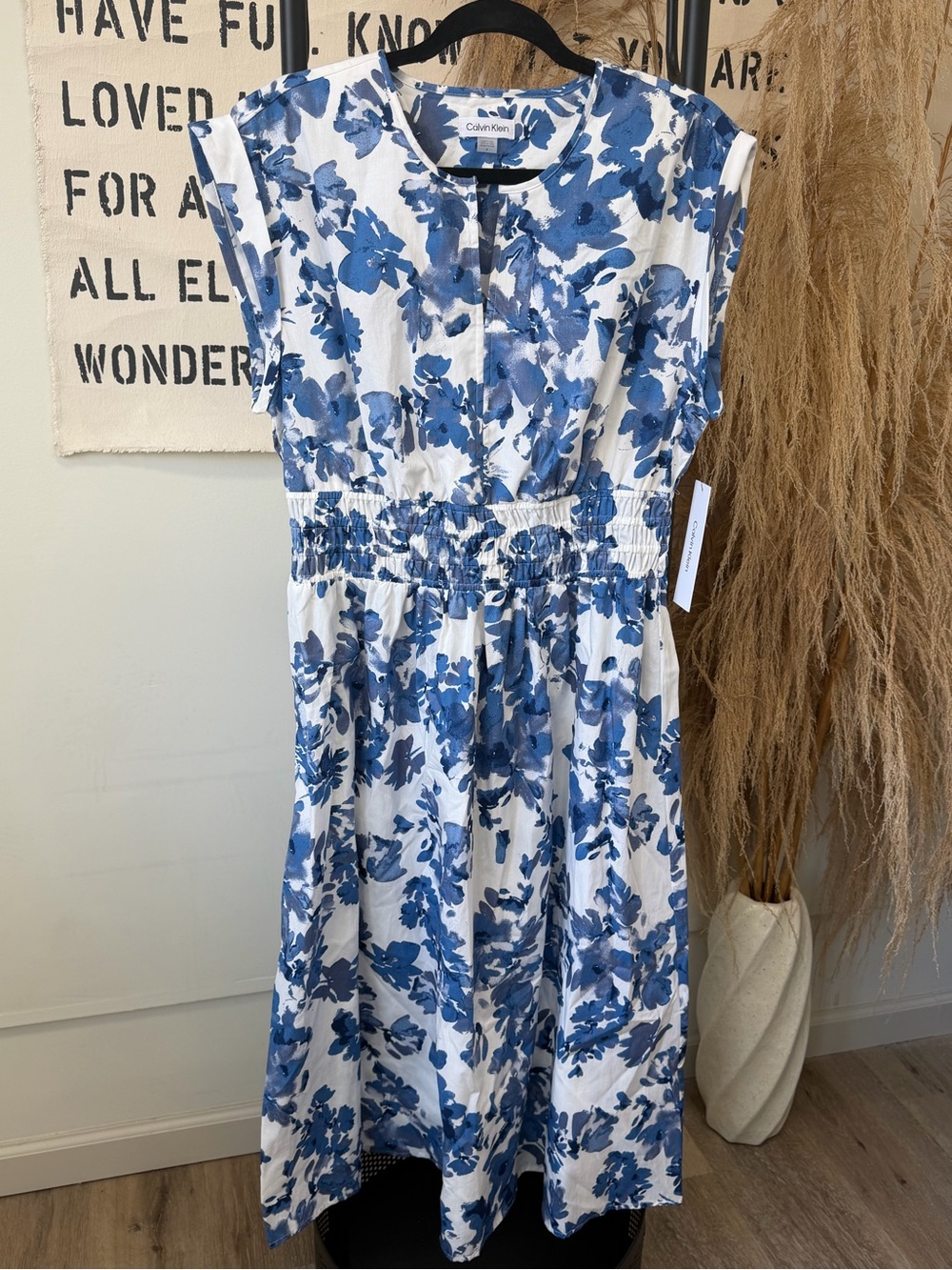 Calvin Klein White Maxi Dress with Blue Floral Print